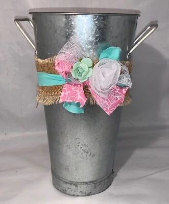 Galvanized Steel Metal Bucket Pail Pot with Flower and Bow Accents Decoration   - Image 1 of 4