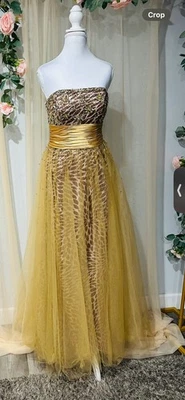 Vestido de graduación vintage Tony Bowls dorado y marrón sin tirantes Foto 1 de 3