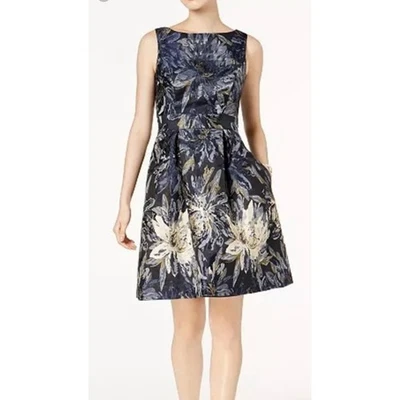 Jessica Howard Navy Floral Gold Metallic Jacquard Fit Flare Dress Size 8 - Image 1 of 4