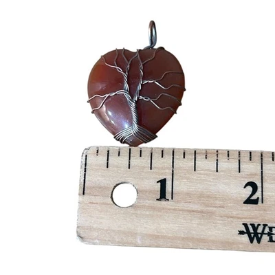 Árbol de la Vida Colgante Corazón Piedra Marrón Tono Plata Alambre Envuelto Joyería Dije Foto 1 de 4