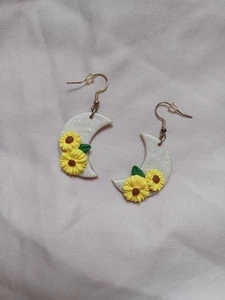 Crecent moon and sunflowers polymer clay celestial whimsigoth earrings - Picture 1 of 3
