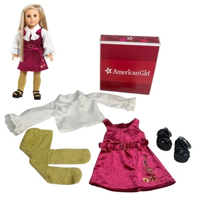 American Girl Julie Christmas Dress Holiday Velvet Gold Tights Shoes Blouse Box - Image 1 of 4
