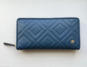 TORY BURCH Fleming Blue Quilted Soft Leather Zip Continental Wallet NEW - Picture 1 of 6
