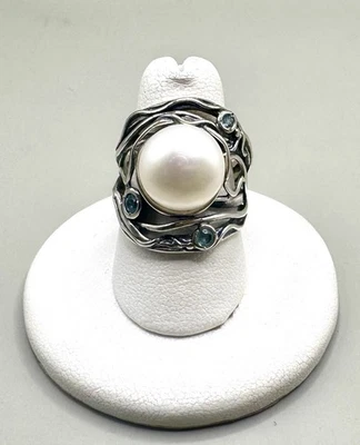 Or Paz Sterling Silver Blue Topaz & Pearl Ring Sz 8.25 Israel - Image 1 of 4