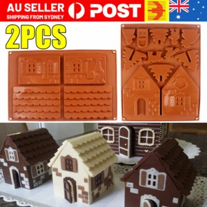 2 Pcs 3D Christmas Gingerbread House Silicone Mold Chocolate DIY Cake Moulds AU - Picture 1 of 12