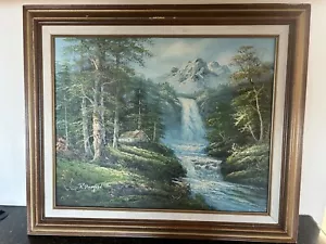 Dipinto olio originale vintage anni 60 R. DANFORD paesaggio cabina fiume 20x16 - Foto 1 di 9