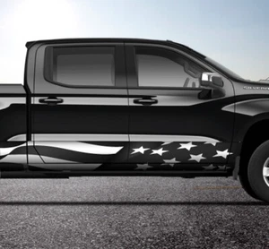 American Flag Waving Grey Rocker Panel Truck SUV Graphic Decal Wrap Kit -4 Sizes - Picture 1 of 2