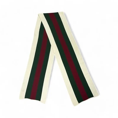Auténtica Bufanda Gucci Verde y Rojo Tela Beige Mezcla Lana y Seda Logo Foto 1 de 4