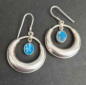 Pendientes estilo suroeste vintage aro colgante turquesa y plata de ley 925 - Imagen 1 de 3