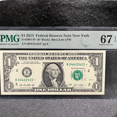 2013 B Duplicate Star Note Error One Dollar Bill B04422422* 67EPQ FW Trinary - Image 1 of 2
