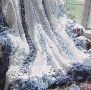 Annie's Crochet Afghan BLUE RUFFLES ON WHITE Pattern Leaflet - Picture 1 of 2