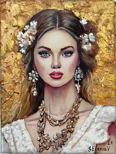 Beautiful Girl Woman Portrait Original canvas Paintings Queen Female Art Signed - Picture 1 of 3