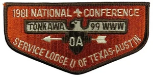 Tonkawa Lodge 99 Capitol Area TX 1981 National Conference Flap BRN Bdr (NE640) - Picture 1 of 2