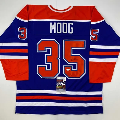 Autographed/Signed Andy Moog Edmonton Blue Hockey Jersey JSA COA - Image 1 of 4