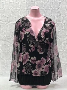 Top Worthington Mujer M Negro Floral Envolvente Lateral Cremallera Forrado Mangas Largas de Ángel - Imagen 1 de 24