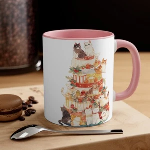 Colorful Coffee Mug 11oz Cartoon Cat Kitty Christmas X-Mas Gift Cake Tree - Picture 1 of 21