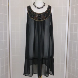 M&S Autograph Tunic Top UK 20 Black Bead Yoke Sheer Sleeveless Drawstring Hem - Picture 1 of 13