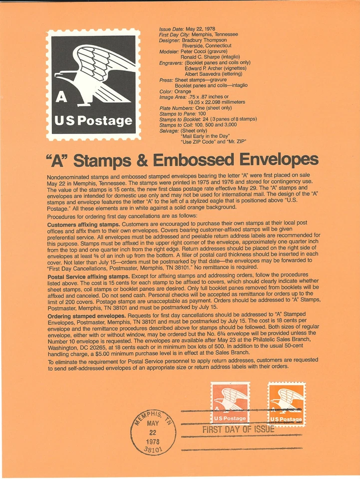 15 Cent..."A" Stamp...Eagle...First Day Of Issue (1978) - Image 1 of 1