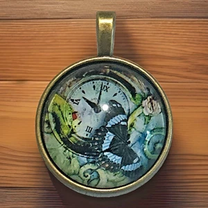 Cabochon Pendant ~ Steam Punk ~ Clock ~ Butterfly ~ Bronze-Tone ~ 20" Chain - Picture 1 of 5