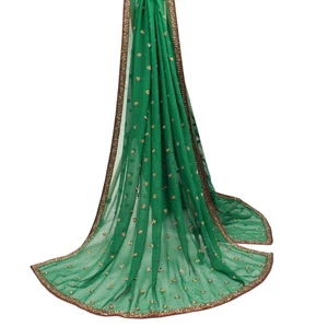 Sushila Vintage Pure Georgette Dupatta Glass Embellish Bottle Green Long Stole - Picture 1 of 10