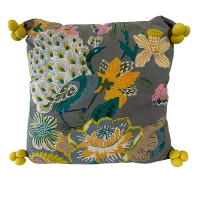 Karma Living Peacock Bird Boho Floral Pillow Pom Pom Cotton 19X18 Decor READ - Image 1 of 4