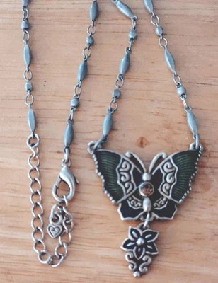 BUTTERFLY PENDANT w DANGLE NECKLACE☆ GREEN & PURPLE ENAMEL w ORANGE RHINESTONE  - Image 1 of 4