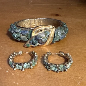 Chateau Ohrringe & Uhr Set Damen versteckter Armreif Zifferblatt Schweizer grüner Edelstein - Bild 1 von 7