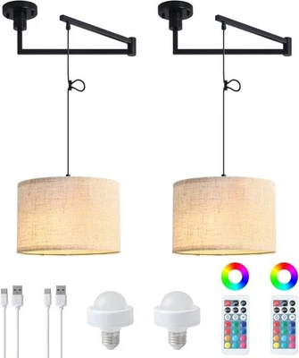 2 Pack Rechargeable Swing Arm Pendant Light Off Center Light Ceiling Fixture RGB - Image 1 of 4
