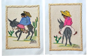 Vintage 2 Mexican Folk Art Burlap Signed Paintings Children Donkey Cactus 12x10 - Picture 1 of 10