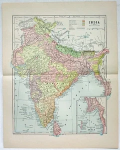 India - Original 1891 Map by Hunt & Eaton .Antique Ceylon Pakistan Bangladesh - Picture 1 of 3
