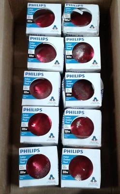 Qty. 10 Phillips Red BR38 Indoor/Outdoor Flood 100W Medium Base - New in Box - Image 1 of 4