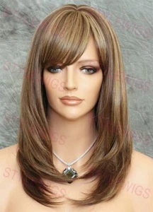 Light Brown/Blonde Shoulder Layered Straight Heat Safe Human Hair Blend Wig EVBU - Picture 1 of 6