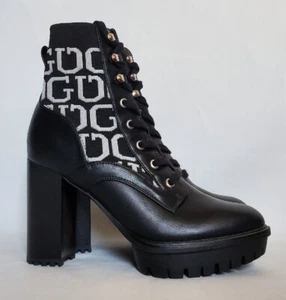 GUESS Chunky Platform Logo Boots Womens Sz 8 M Black White Logo Print 4" Heel * - Picture 1 of 4