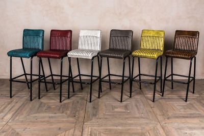 Industrial Look Bar Stools Modern Seating Ribbed Leather Look Stool More Colours • 145£