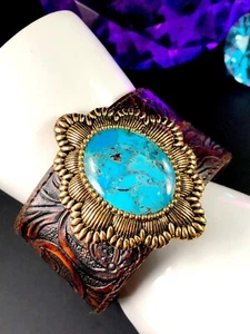 STRIKING SIGNED BARSE LEATHER BLUE TURQUOISE STONE SOUTHWEST CUFF BRACELET - Picture 1 of 10