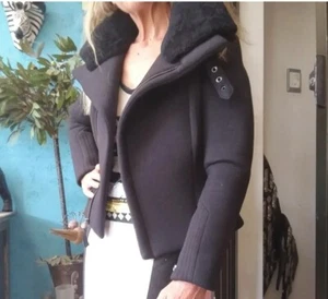KOOKAI Sz XS Black Fabric Removable Shearling Collar Zip Jacket - Picture 1 of 14