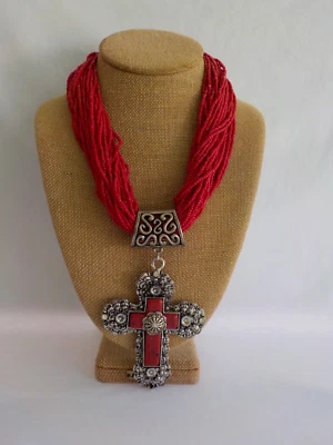 Large Cross Necklace Red Multi Strand Total 1 Seed Bead Heavy (Missing Color) - Image 1 of 4