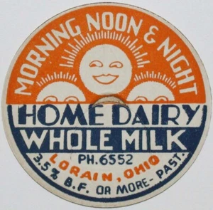 Vintage Milchflaschenverschluss HOME DAIRY Sonnen abgebildet Telefon 6552 Lorain Ohio unbenutzt - Bild 1 von 3