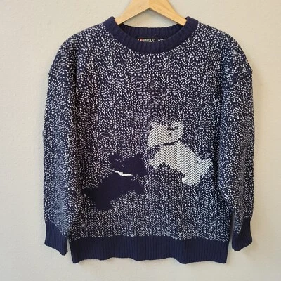 Suéter novidade vintage anos 80 anos 90 cachorros filhotes tamanho grande pulôver branco marinho tripulação fofo - Imagem 1 de 4