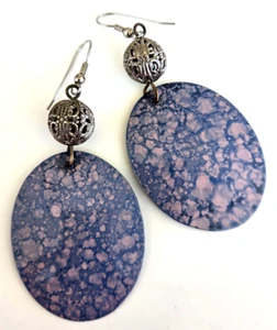 Vtg Blue Splattered Lavender Enamel Silver Tone Dangle Pierced Earrings 3-1/4" - Picture 1 of 6