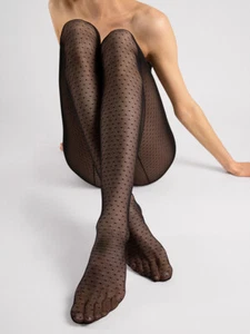 Strumpfhose Schwarz Luxus Fein Netz Gepunktet Naht Schwarz Hinten Patrizia - Bild 1 von 3