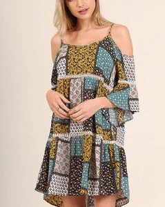 Umgee Kleid Damen Cold Shoulder Boho Stufen Spitze Country Patchwork Print S - Bild 1 von 3