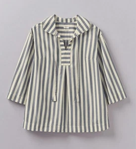 Toast Poplin Shirt XS Striped Ecru Blue Smock Tie Neck Swing Boxy Boho Tunic - Picture 1 of 9
