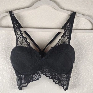 Victorias Secret Pink Bralette Extra Small Black Lace Strappy Padded - Picture 1 of 4