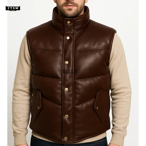 Maroon Quilted Leather Puffer Vest for Men-Body Warmer Vest- Sleeveless Gilet - Picture 1 of 11