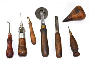 Lot Vintage Leatherworking Tools Awl Groover Knife Stitch Wheel Burnisher - Picture 1 of 9