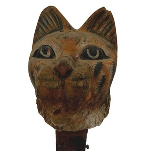 Hand Carved Vintage Eqyptian Tabby Cat Folk Art Wittled Stick Wooden Painted - Picture 1 of 7