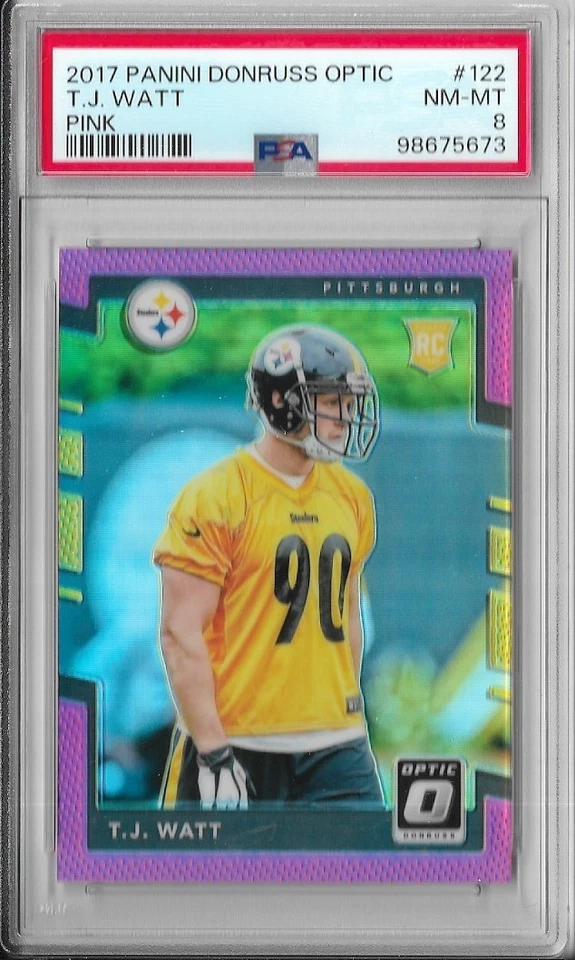 PSA 8 NM-MT 2017 Donruss Optic Pink T.J. WATT Rookie RC #122 Future HOF'er - Image 1 of 1