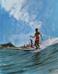 Postales de arte de playa Waikiki surf vintage de Hawai con cabeza de diamante Honolulu años 60 - Imagen 1 de 7