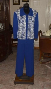 St John blau weiß Strick Tier Zebramuster 2-teilig Jacke Hosenanzug Größe L / 12 - Bild 1 von 11
